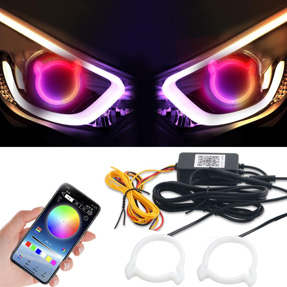 APP 2 in 1 RGB Demon Eye LED Angel Eyes Halo Rings for Car Headlight