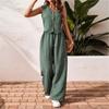 Completo da Donna 2 Pezzi Canotta Senza Maniche Scollo a V con Bottoni Pantaloni a Vita Alta Gamba Larga Set Coordinato in Tessuto Testurizzato Casual