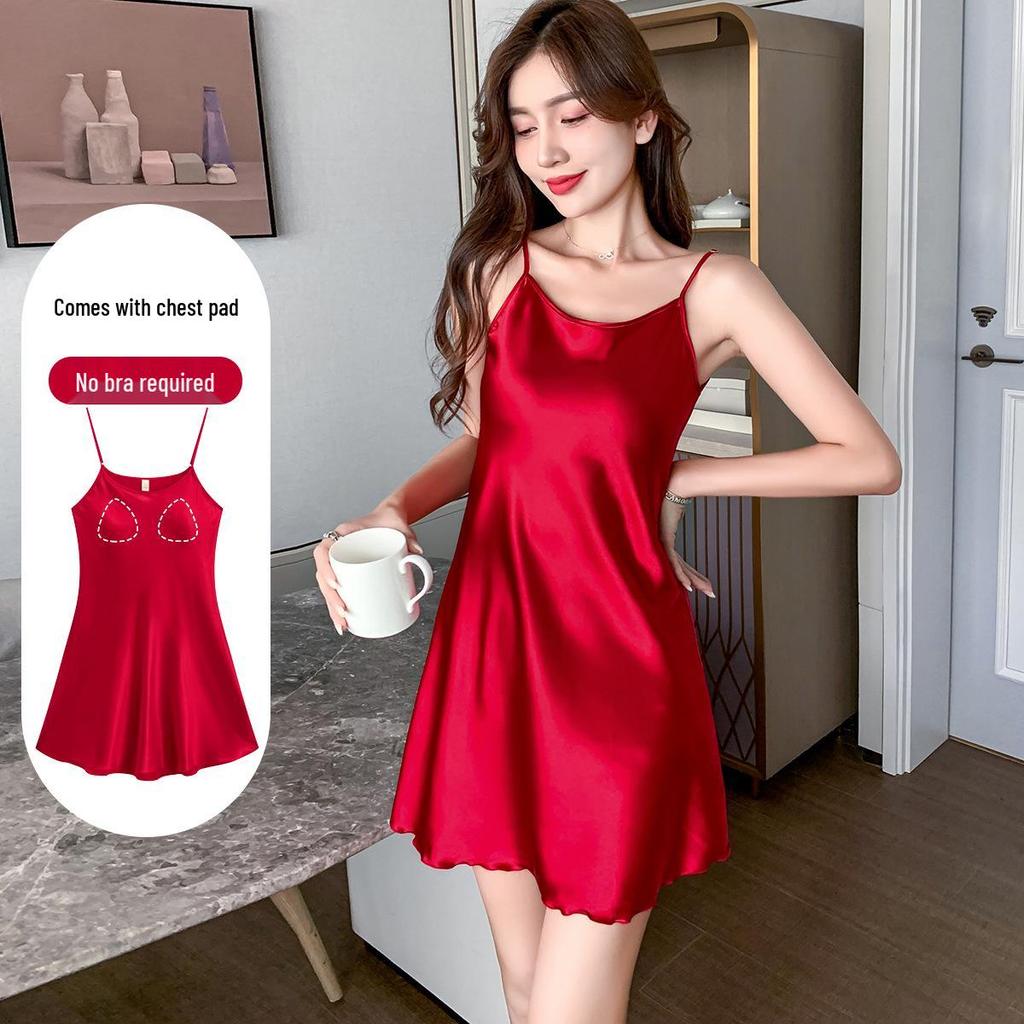2024 Ice Silk Camisole Pajamas with Chest Pad - Women's Cool Summer Nightdress