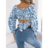 QICED Autumn Floral Lantern-sleeved, Lace-up, Waist-cinching Chiffon Blouse, Crop Top for Women