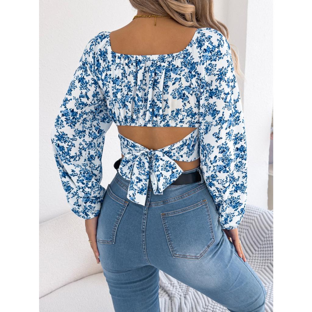 QICED Autumn Floral Lantern-sleeved, Lace-up, Waist-cinching Chiffon Blouse, Crop Top for Women