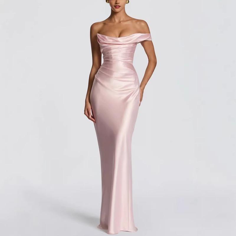 Fashion Women's Satin One Shoulder Long Dress Bandage Pleated Backless Sleeveless Dresses Summer Lady Party Evening Robes New