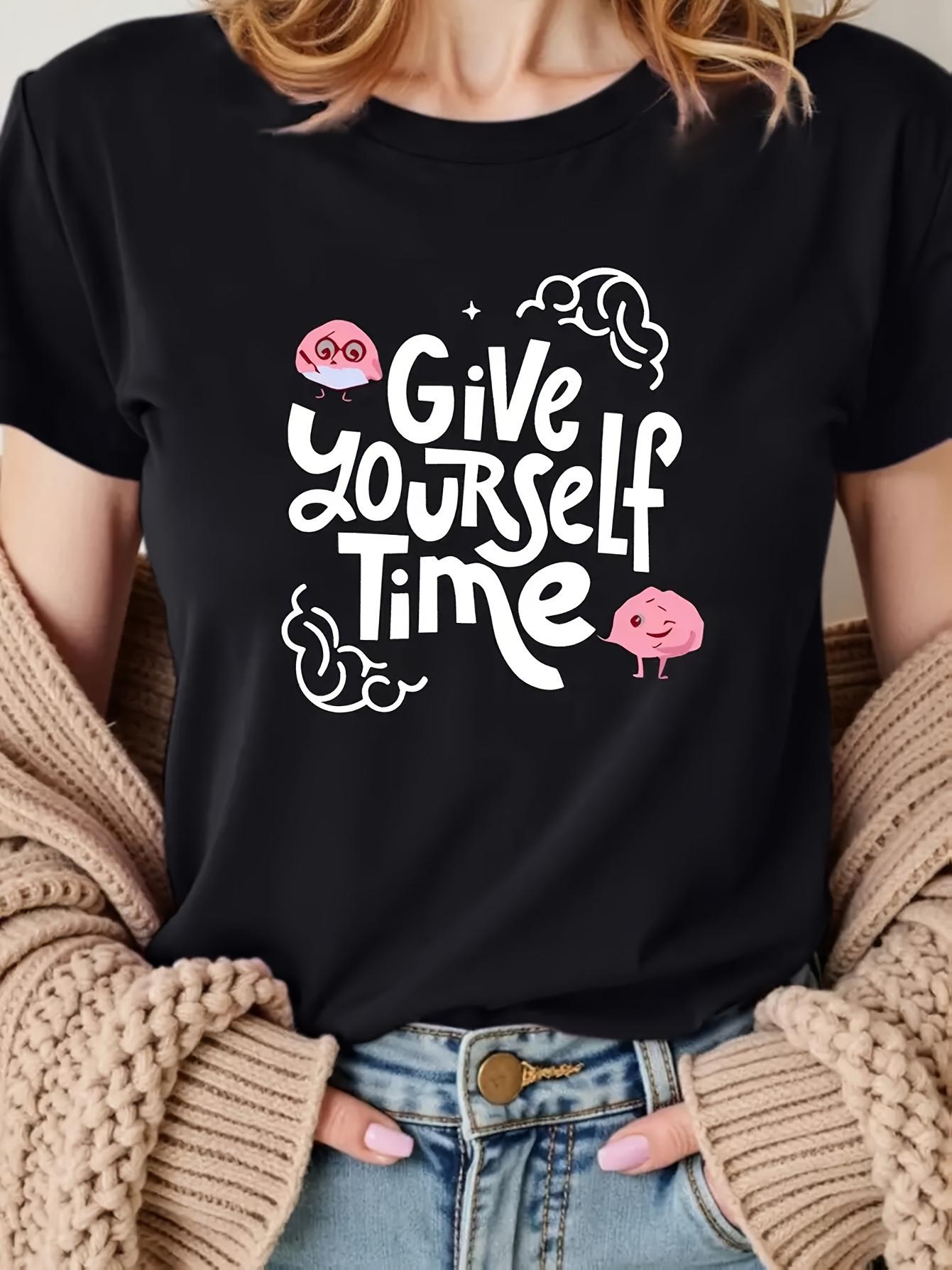 

Ladies casual roundneck shortsleeved Tshirt Give yourself time cartoon brain and geometric graphics 4XL