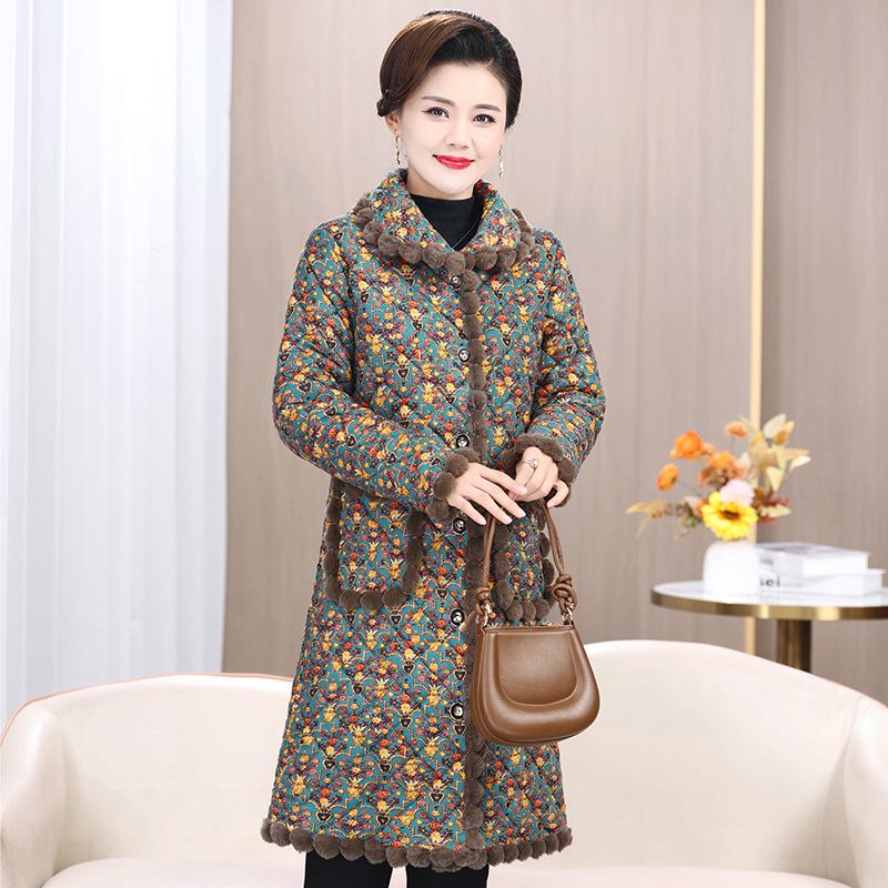 Velvet-Enhanced Floral Cotton Quilted Jacket for Middle-Aged & Elderly - Warm Mid-Length Coat for Autumn/Winter.