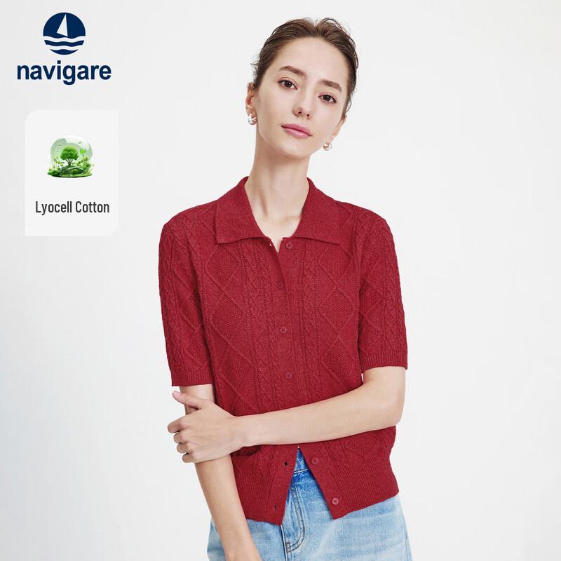 Navigare Women's Short Sleeve Cable Knit Polo Cardigan Top