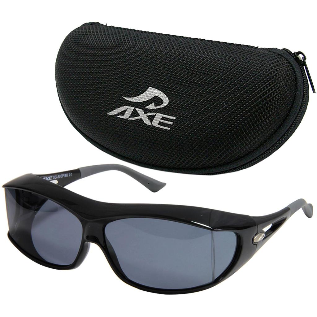 Axe Polarized Sunglasses with Made In Logo Case Over Fits Oversized UV Perfect for Fishing and 605PSET Dark Smoke Over-the-Eye Lenses, Japan,