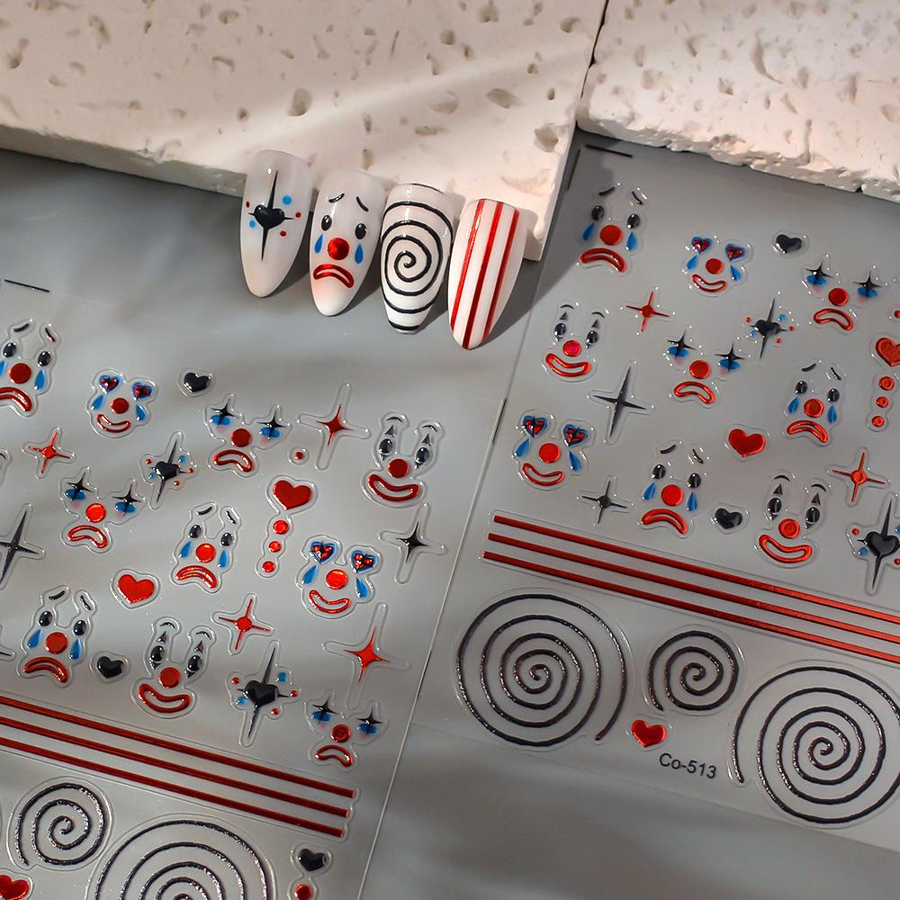 Dark Style Halloween Clown Face Nail Stickers - Embossed Jelly Design