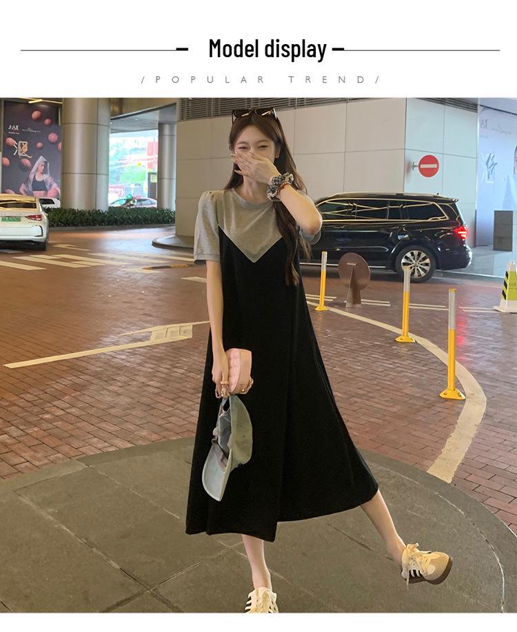 Schickes Colorblock Übergrößen Damen Sommerkleid mit kurzen Ärmeln und mittlerer Länge