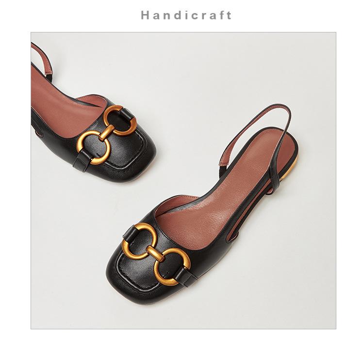 2024 Spring/Summer Women's Retro Peep-Toe Sandals with Metal Buckle and Low Block Heel