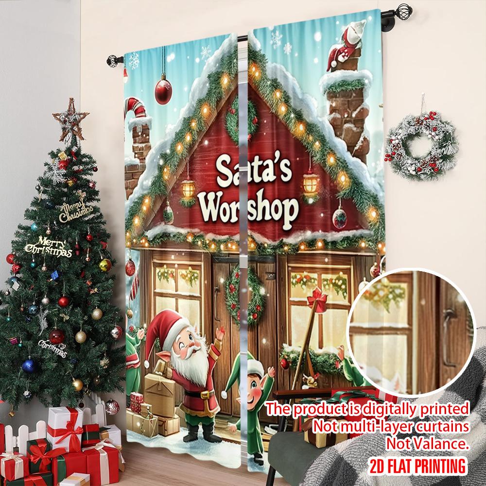 2pcs 2D flat printing Merry Christmas Popular Window Drapes Santa's Cabin Versatile Polyester Without Electricity Spring Party &