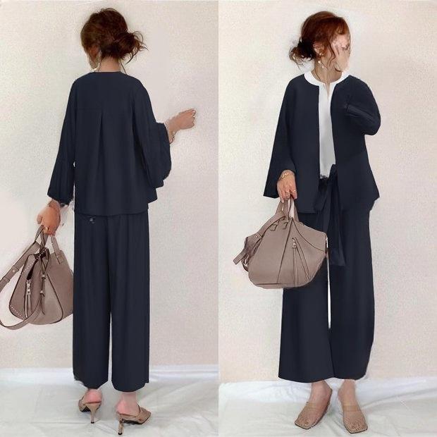 

Available: Japanese Style Petite Summer 2025 Casual Flare Pants Tie-Up Three-Piece Set. L
