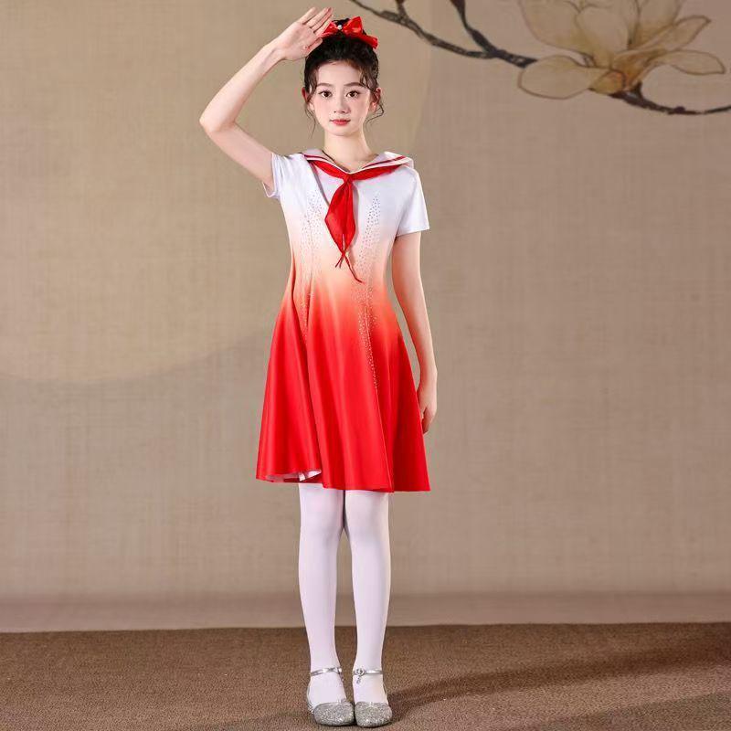 Shining Red Star Children s Performance Costume - Red Scarf Long Sleeve for School Chorus Dance 130 cm