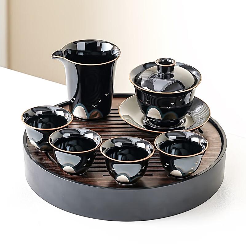 Lainuo Black Glaze  Gold & Silver Mountain  Tea Set with Walnut Tray