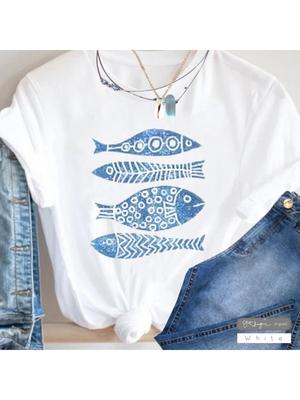 Women's Graphic Fish Print T-Shirt - Casual Crewneck Tee with Blue Fish Design Lightweight & Breathable for Summer Fish Shirt