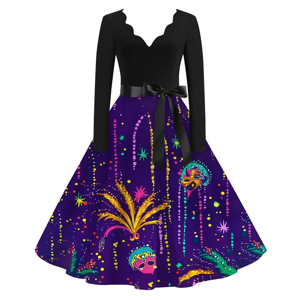 Women's Casual Fashion V-Neck Long Sleeve Carnival Print Vintage  Dress