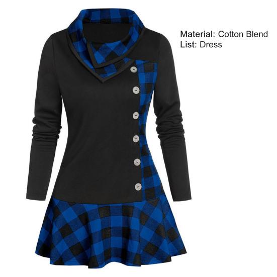 Langärmeliges Partykleid mit Rüschensaum Herbst Winter Überlappendes Revers Karo Patchwork Minikleid Damenbekleidung