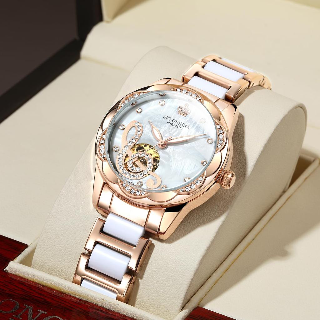 BOLYTE Fashionable Openwork Mechanical Watch Mother of Pearl Ceramic Stainless Steel Diamond Music Ladies Automatic Watch Waterproof Luminous Women's