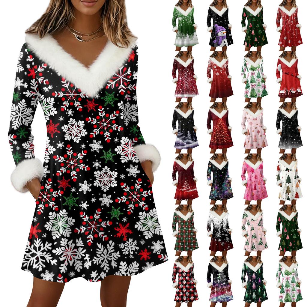 Womens Long Sleeve Pullover Dress Casual V Neck Knee Length Dresses With Pockets