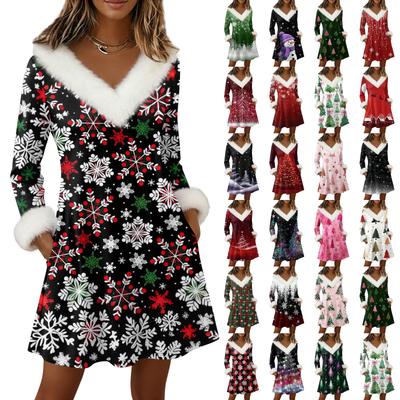 Womens Long Sleeve  Pullover Dress Casual V Neck Knee Length Dresses With Pockets