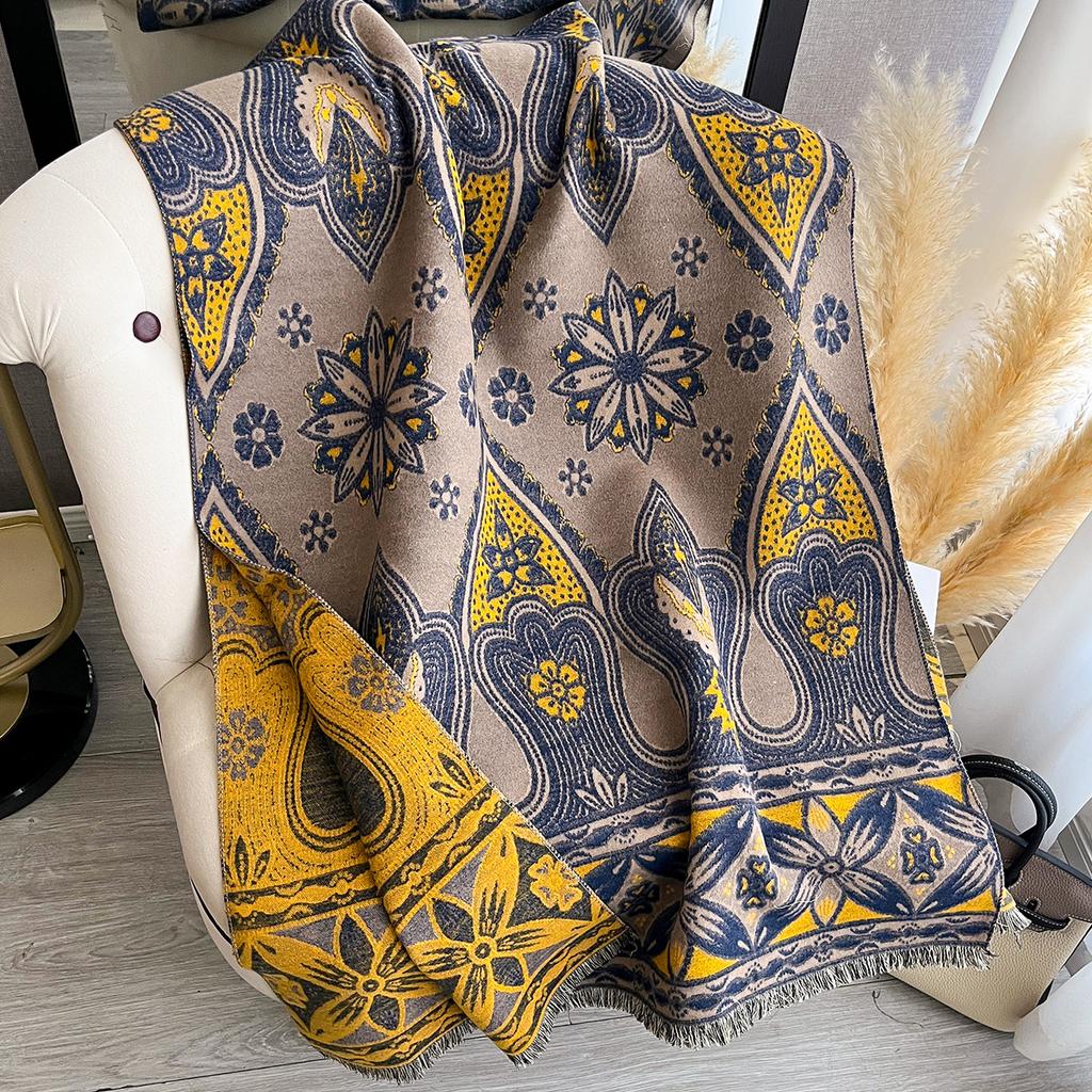 Women Two Sided Flower Print New Scarf Imitation Cashmere Soft Warm Pashmina Shawl Autumn Winter Coldproof Windproof Blanket