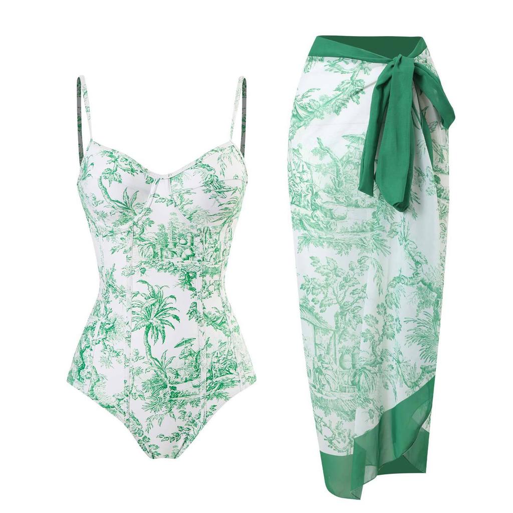 Women's Sexy One-Piece With Printed Swimsuit Long Skirt Set