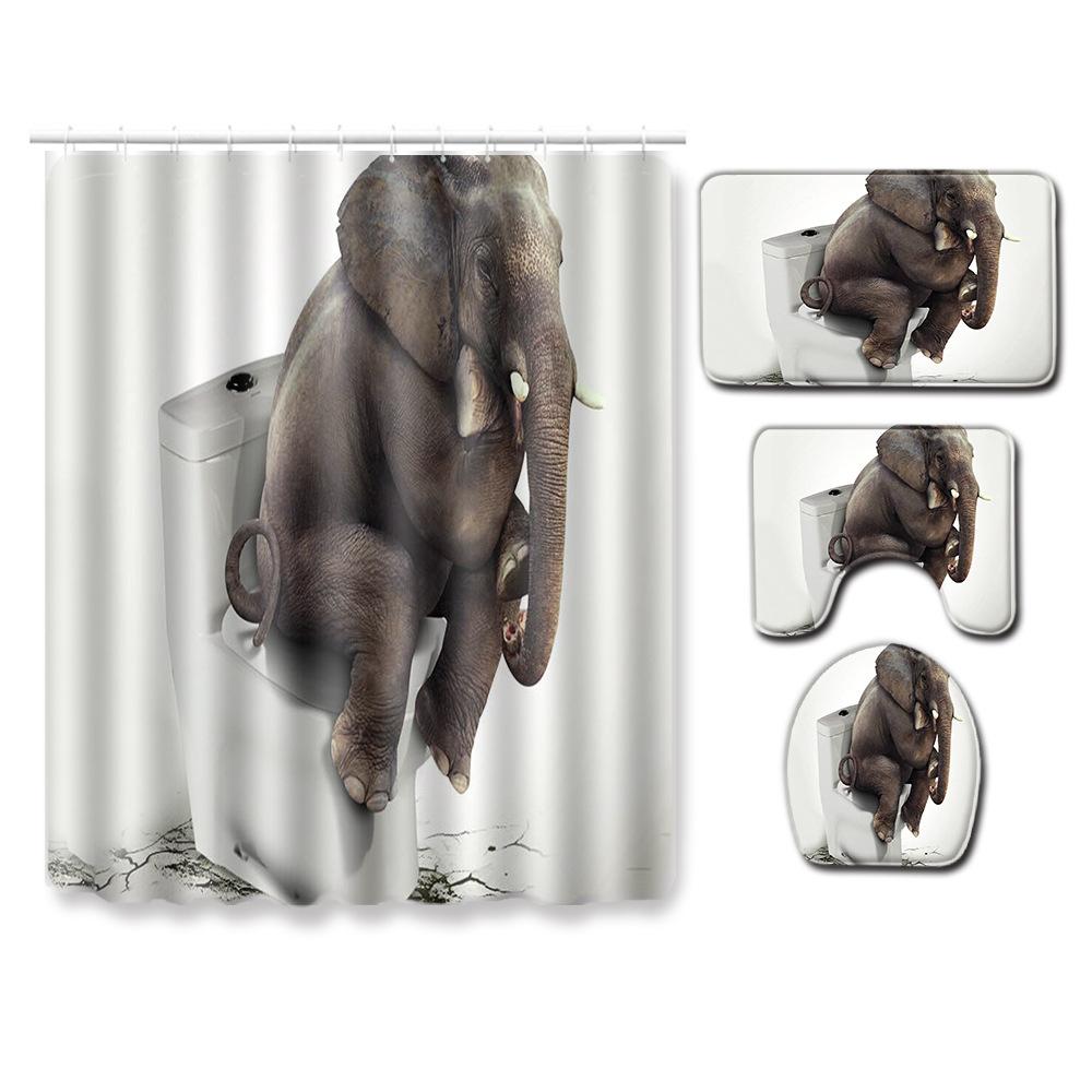 Elephant Lion Animal Shower Curtain Floor Mat Combination Set Toilet Carpet Shower Room Mat Foot Mat