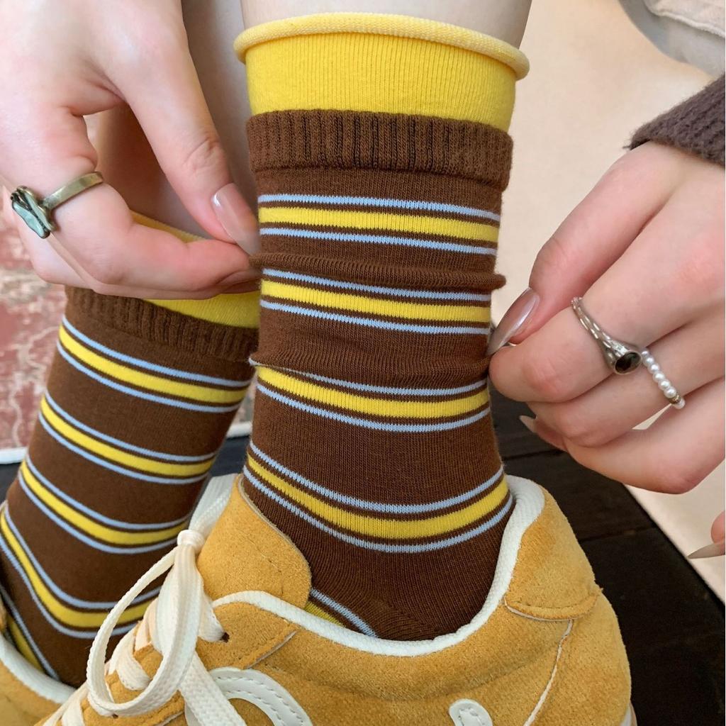 Splicing Striped Socks Children'S Medium Tube Socks Spring And Autumn Tide Contrasting Color Niche Stacking Stockings