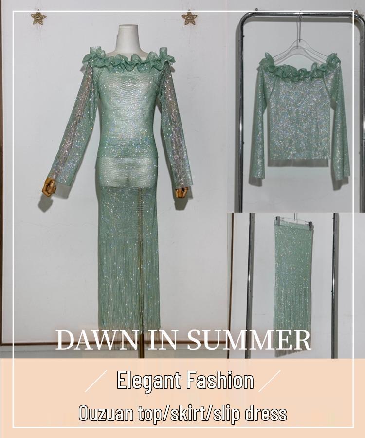 Yanni Lake Blue Rhinestone Tassel Bodycon Dress with Slimming Midi Skirt & Long Sleeve Top