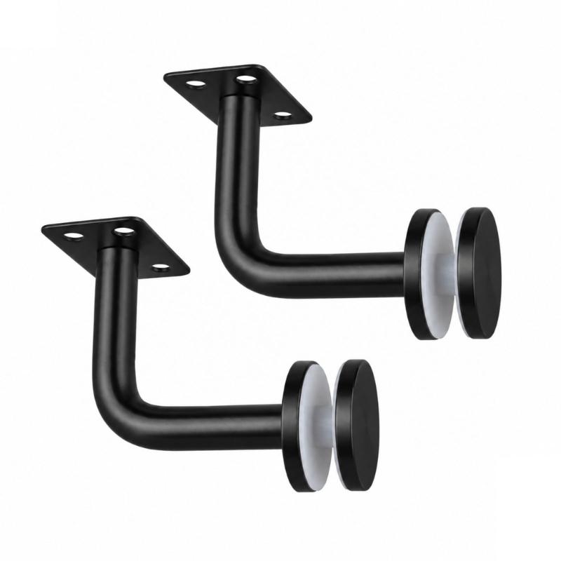 2-Piece Glass Support Hardware Set for Stair Rail, Featuring a Black Finish and Fixed-Plate Form for Mounting Tasks