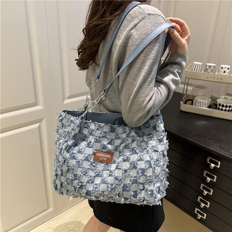 Spring and summer plaid niche bucket bag dumpling bag denim shoulder bag versatile tote women's bag