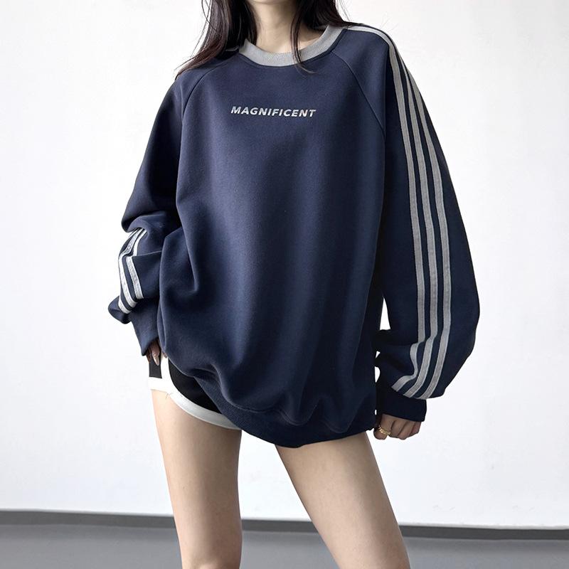 

Women s 2025 Autumn Color-block Striped Sweatshirt – Trendy Loose-Fit, High Street Round Neck Sports Top Small темно-синий