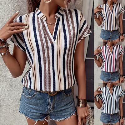 Ladies Summer Short Sleeve Stand Collar Striped Fashion Pullover Shirt Blouse Top
