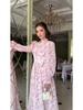 2025 Spring Retro Elegant Floral Long Dress with Waist-Hugging Long Sleeves for Women.