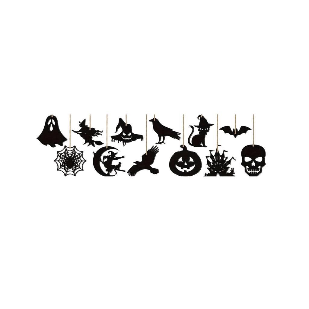 Halloween Decorations With Pumpkins, Ghosts, Witch Hats, Spiders/ And Bats On Black Wooden Background