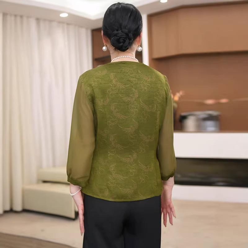 Chinese Style Chiffon Blouse Set with Seven-Sleeve Top for Middle-Aged Women