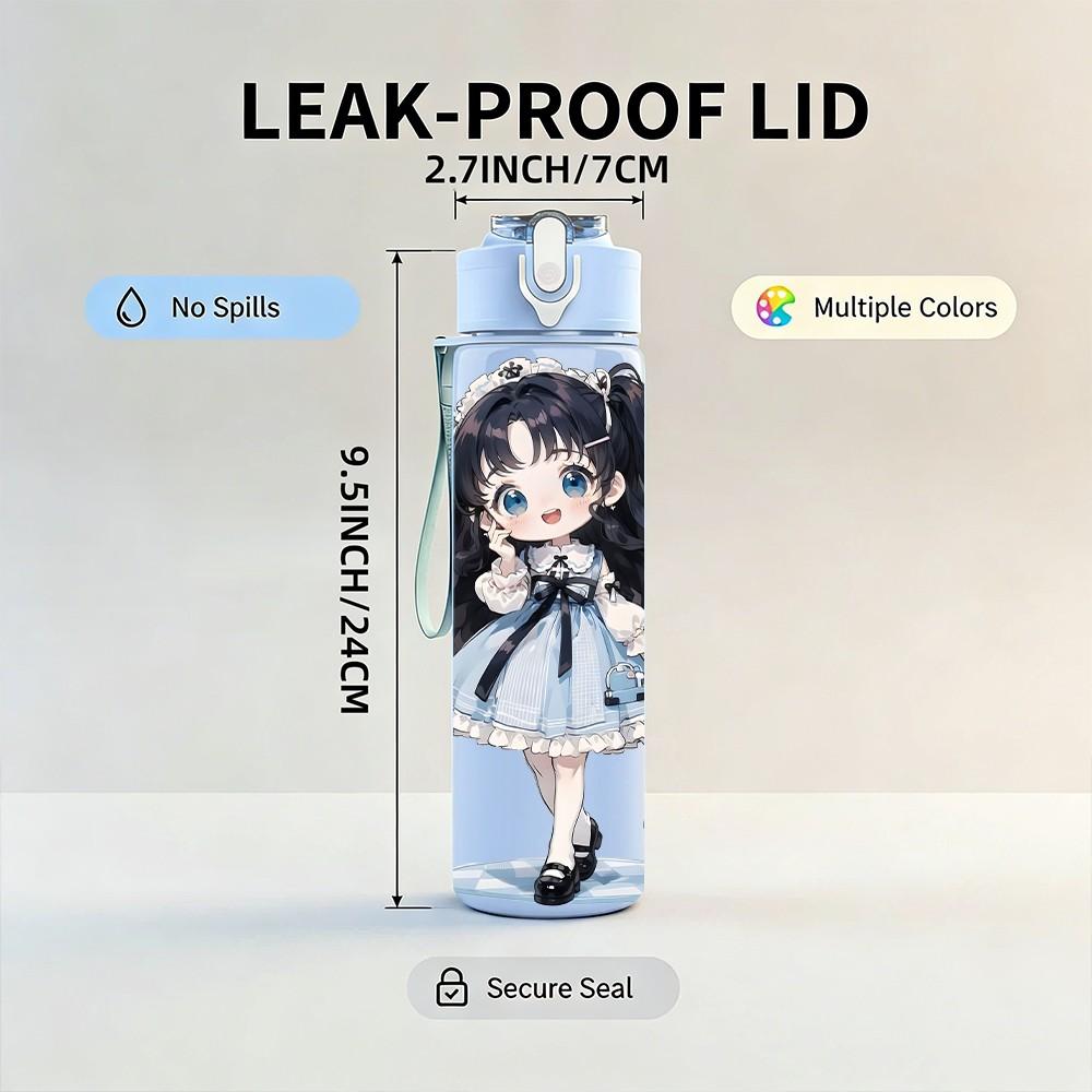 1PC Dark Blue Dress Girl Standing Pattern 750ml Color Plastic Sports Water Bottle Leakproof Flip Straw Lid Suitable for Sports Office Home Use