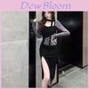 Classic Black Knit Dress With Side Slit For Autumn Elegant Office Wear