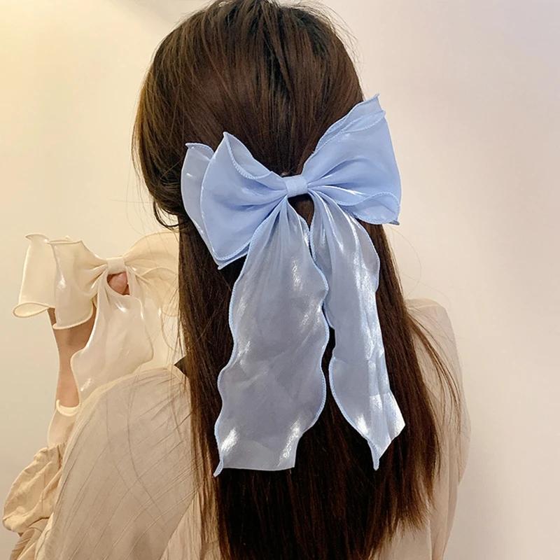 1PC Sweet Chiffon Bow Hair Clips Girls Blue Shining Satin Bowknot Hair Clips Ribbon Bow Barrette Hairpin Grip Ponytail Clip Headwear