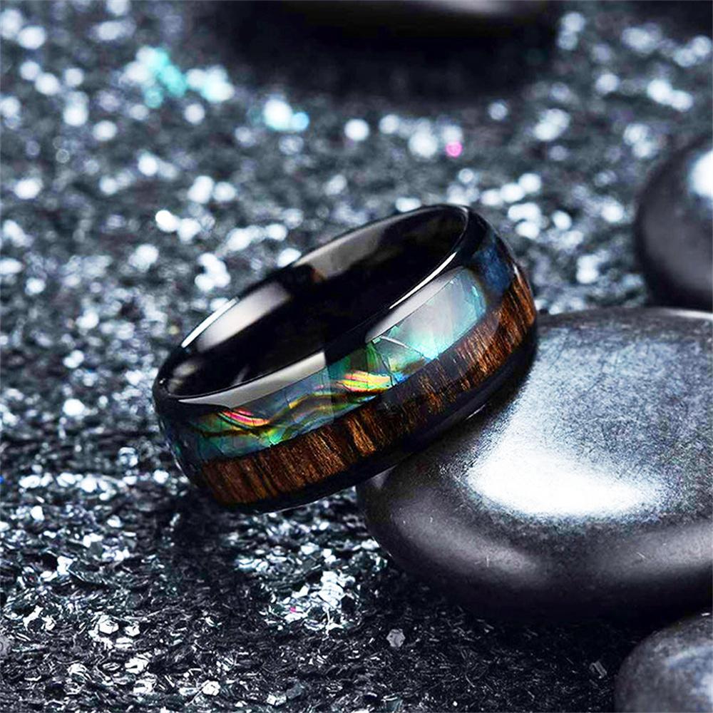 Fashion Men Black Stainless Steel Koa Wood Ring Inlay Colorful Abalone Shell Rings For Men Women Engagement Wedding Band