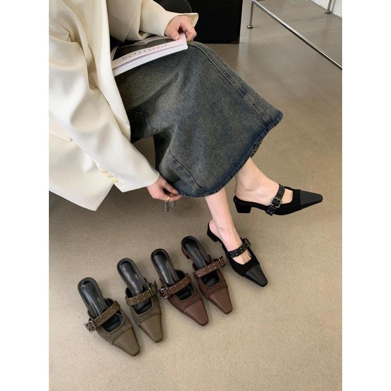 Baotou Slippers Women's Outer Wear 2025 Summer New French Small Fragrant Style Square Head Shallow Mouth Muller Half Slippers Flat Shoes