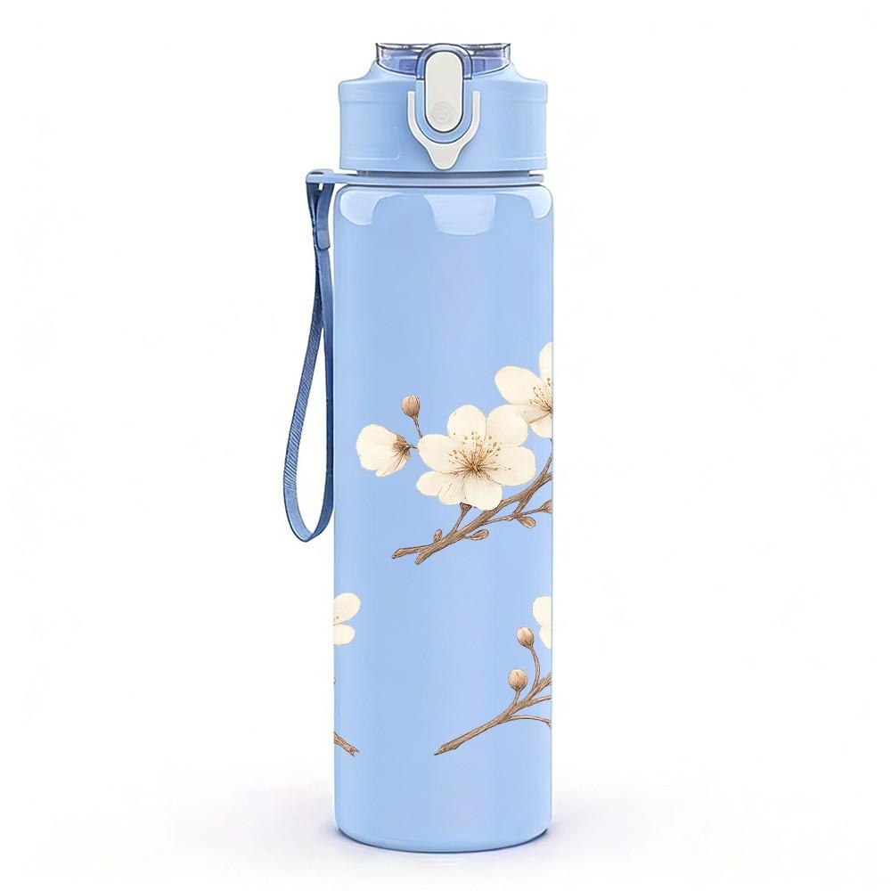 1PC White Magnolia Blossom Branch Print 750ml Color Plastic Sports Water Bottle Leakproof Flip Straw Lid Suitable for Sports Office Home Use