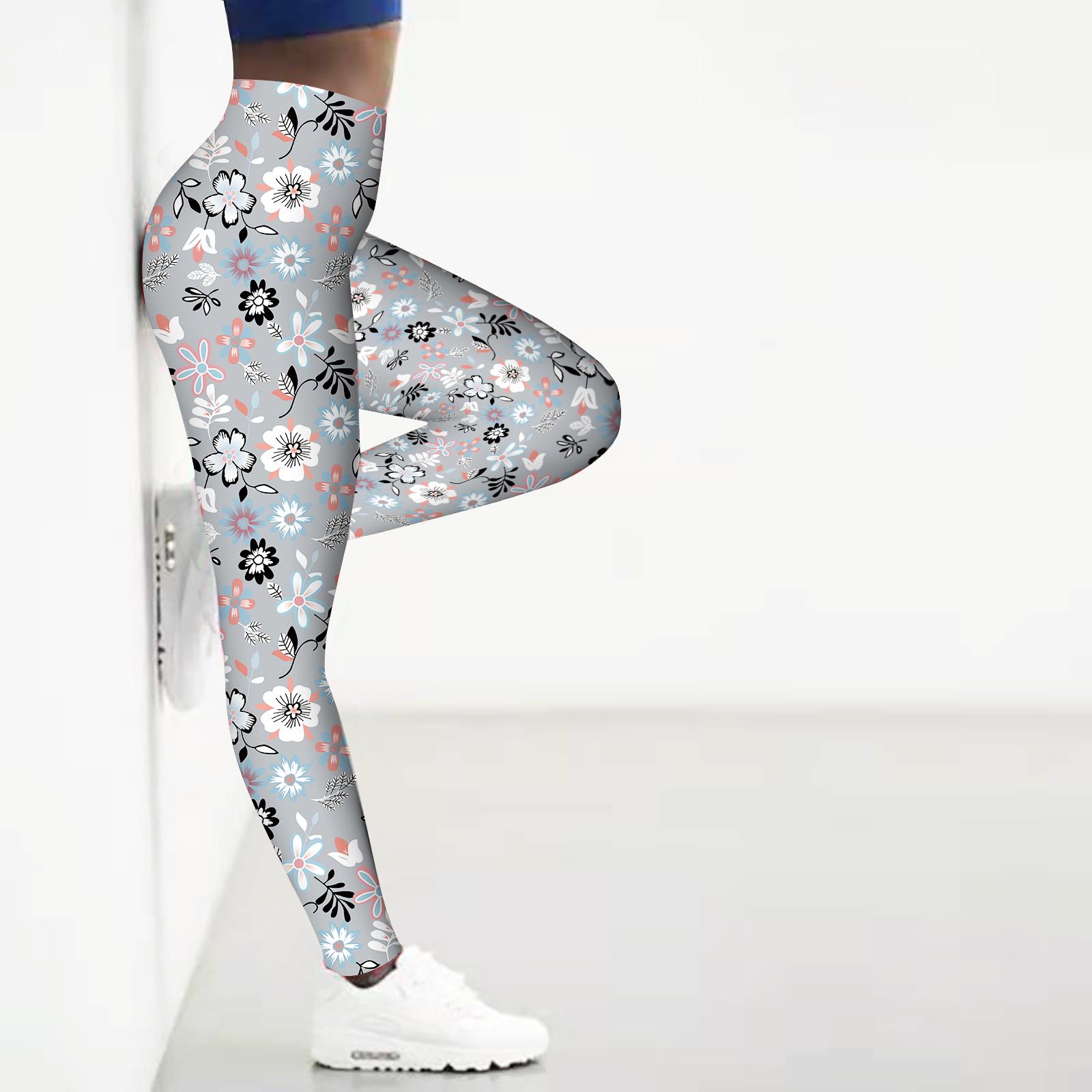 Leggings de yoga elásticos con estampado de flores rosas para mujer, pantalones deportivos para correr, gimnasio y fitness L gris