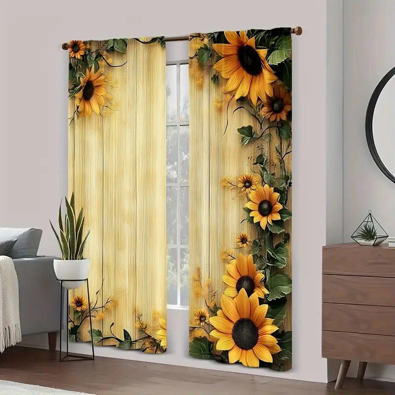 Retro Bright Sunflower - Pole Bag Curtains, Bedroom And Kitchen Decoration, Home Decoration, Living Room Decoration