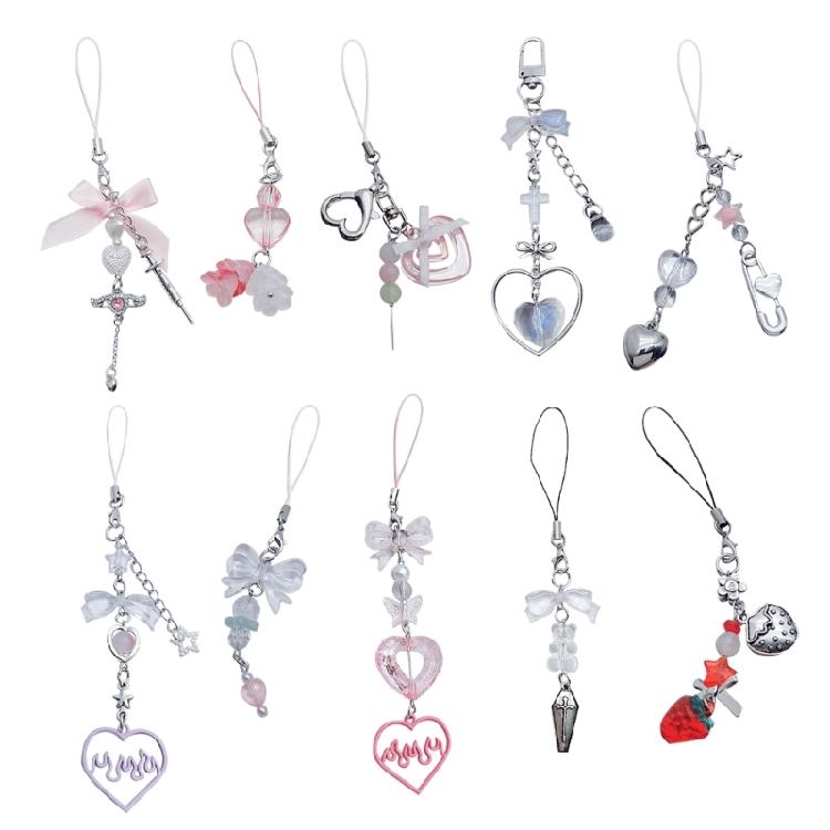 DIY Crystal Heart Phone Strap with Cute Bowknot Wing Heart Phone Strap Keychain