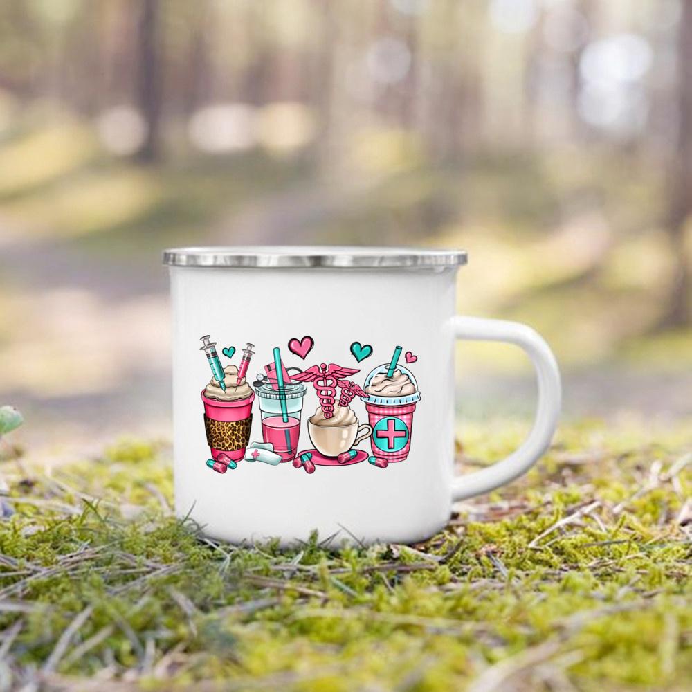 Nurse Life Print Mugs Enamel Mugs Creative Coffee Cups Drinks Dessert Breakfast Milk Cup Handle Drinkware Best Gifts for Nurse