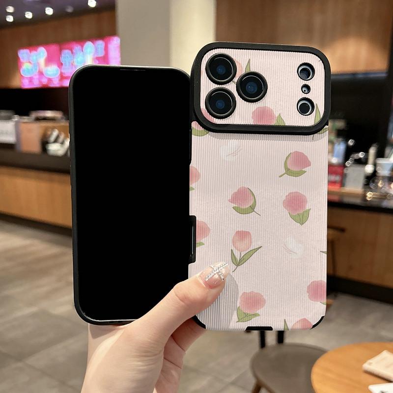Pink Flowers Floral Printed Vertical Grain Leather Soft Silicone Phone Case Back Cover with Camera Lens Full Protection for iPhone 17