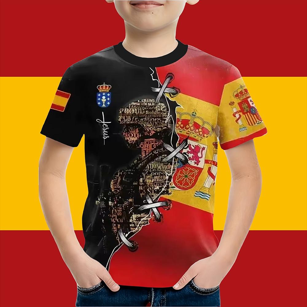 Boys Clothes Spanish Flag Graphic T-Shirt Vintage Casual Short Sleeved Kids Clothes 2-14Y Summer Outdoor Spanish Child Top Tee