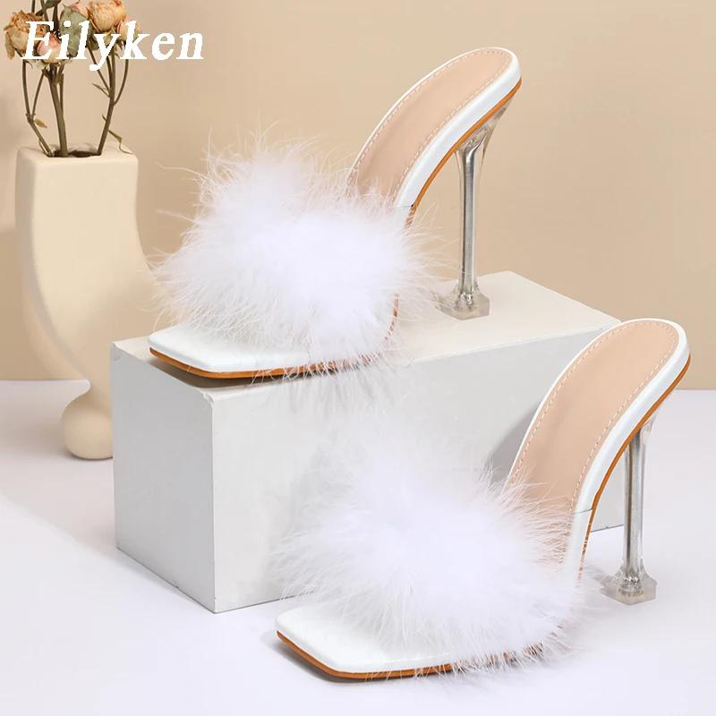 Fashion Eilyken New PVC Shoes Slippers Woman Feather Transparent High Heels Fur Pumps Square toe Mules Lady Slides