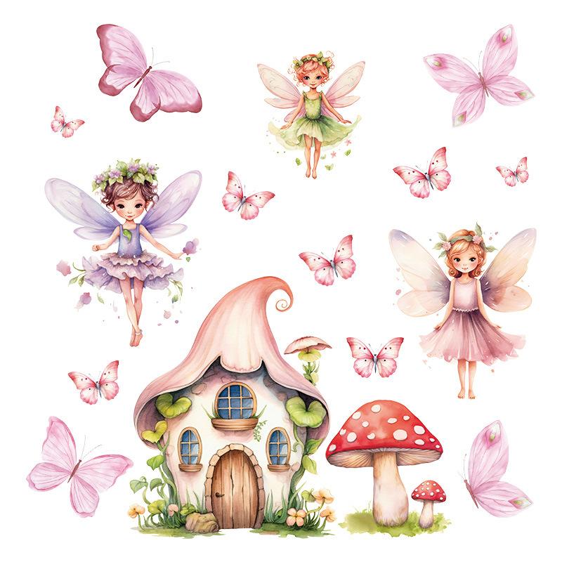 Cute Mushroom Fairy Wall Sticker for Kids Room Girls Bedroom, Watercolor Butterfly Floral Wall Decal, Fairy Tale Nature Wall Art Decor for Nursery