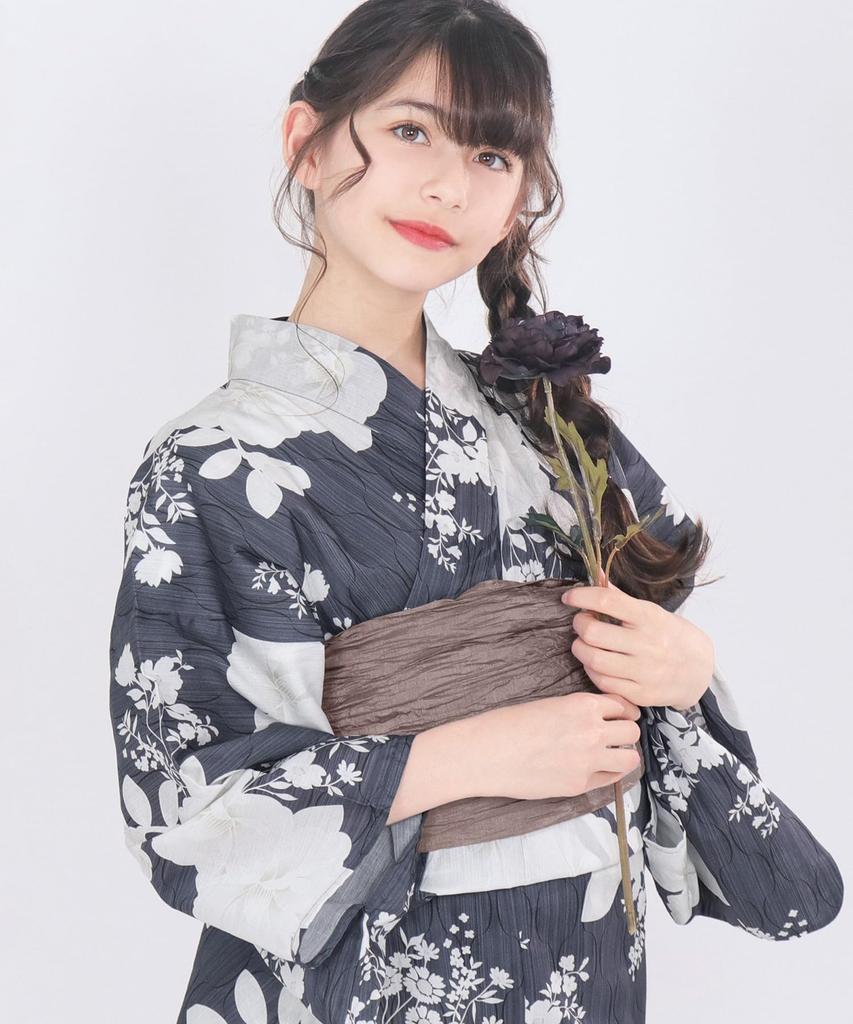 Yukata Set Junior Retro Change Weave 3 Piece Set Heiko Girls Camellia Play in Ink [KYOETSU] (Yukata, Obi, Geta) (13. Painting, 130cm)